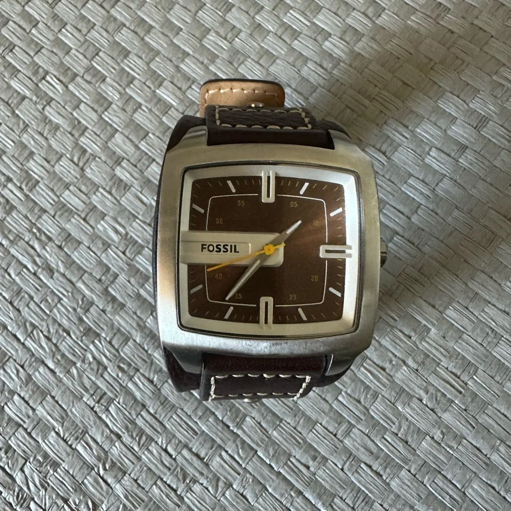 Fossil Silver and Brown Genuine Leather Square Watch